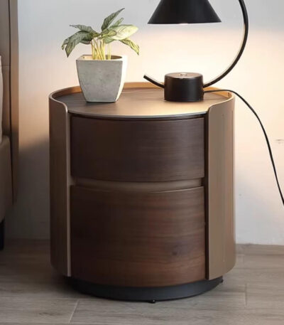Noptiera rotunda maro din lemn